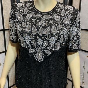 Laurence Kazar Vintage Silk Top w/Sequins, Black & Silver Beads, Pearls.  Sz PL